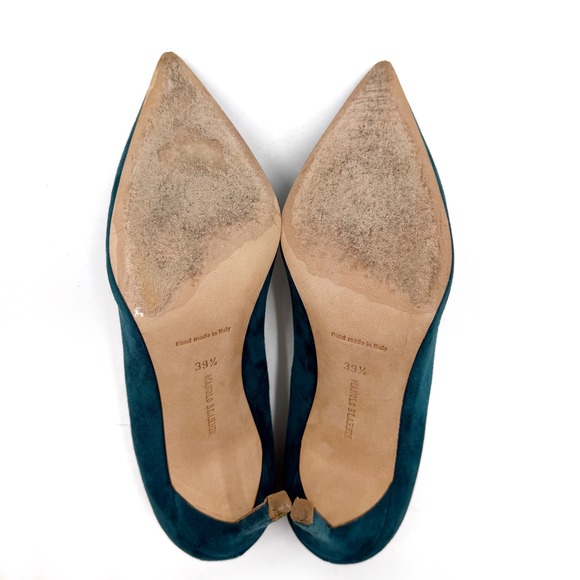Manolo Blahnik BB Suede Pumps Teal Pointed Stiletto Heels Slip On Sz 39.5 / 9.5 - Picture 8 of 9